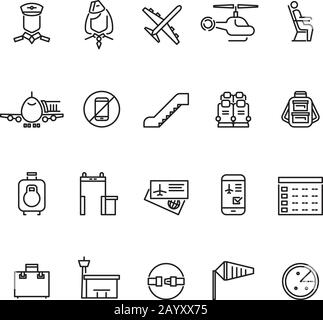 Aviation outline vector icons set. Air travel concept icon and illustration baggage and detector metal for air travel Stock Vector