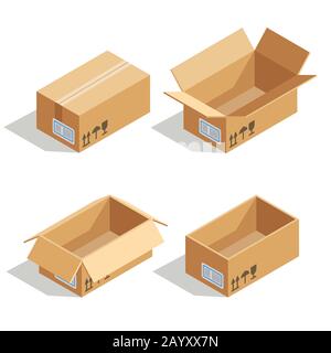 Cardboard boxes opened and closed. 3D isometric vector icons for warehouse and transportation, vector illustration Stock Vector