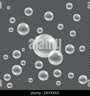 White realistic soap water bubbles vector set. Glossy realistic bubble and translucent aqua bubble illustration Stock Vector