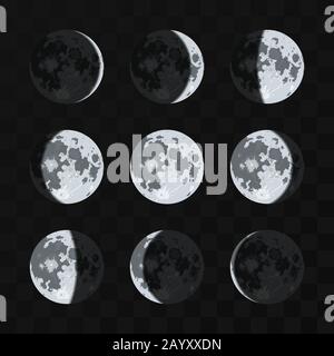 Moon phases vector set. Night moon and nature full moon illustration Stock Vector