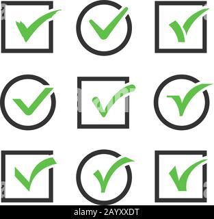 Check mark icon boxes vector set. Sign of confirmed check mark and positive check mark illustration Stock Vector
