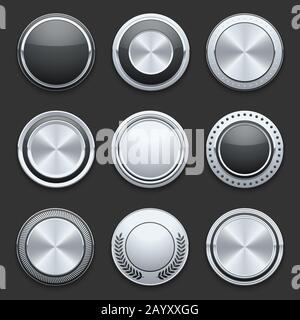 Silver metal chrome vector buttons. Set of switches glossy round illustration Stock Vector