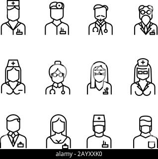 Doctor icons, nurse symbols, medical professionals vector avatars. Surgeon with stethoscope, woman physician illustration Stock Vector