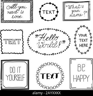 Hand drawn quote vintage vector frames. Doodle frame boxes, speech bubbles with text messages and commas. Frame vintage for text and doodle frame for message speech illustration Stock Vector