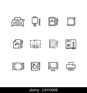 Writing tools linear icons. Tool tablet and pen for writing and drawing, equipment to writing vector illustration Stock Vector