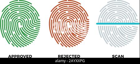 Fingerprint thumbprint vector icons set. Approved, rejected and scan symbols. Approved person with fingerprint, identification with thumbprint or fingerprint Stock Vector