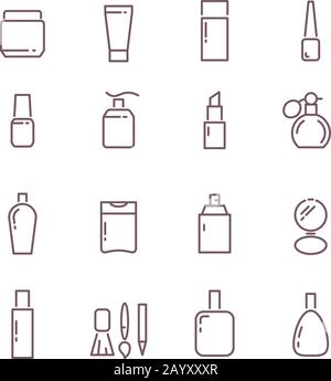 Cosmetic package bottles thin outline vector icons. Set of cosmetic product in linear style and illustration of collection cosmetics for care female Stock Vector