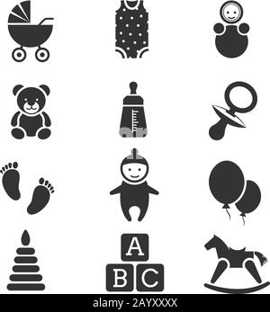 Baby kids vector icons set. Bottle for milk, diaper and teddy bear illustration Stock Vector