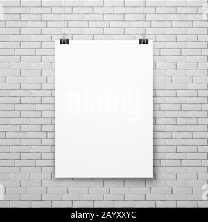 Blank white poster on brick wall vector illustration. Empty paper poster isolated on wall. Exhibition with white banner or poster Stock Vector