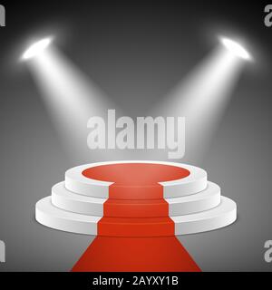 Spotlights illuminate stage pedestal with red carpet. Pedestal for award ceremony. Illustration empty pedestal stage vector Stock Vector