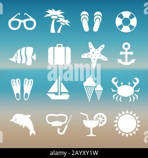 Summer rest traveling tourism vacation time icons. Set of summer travel icons, illustration of white silhouette travel icons Stock Vector
