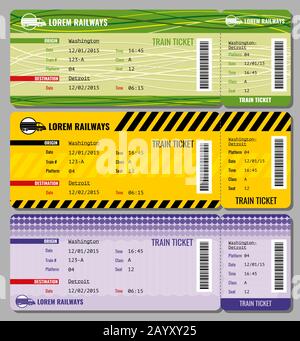 Train vintage travel tickets vector set. Ticket to train and set of illustration to speed train tickets Stock Vector