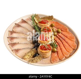 Appetizer - Carpaccio fish assorti with and roe, Herbs, olives and Lemon Slice Stock Photo