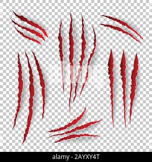 Realistic claw scratches. Vector set on plaid background. Scratch claw animal and illustration shred from claw Stock Vector