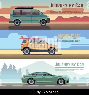 Trailering by car vector banners set. Car on road, auto holiday travel and car journey poster Stock Vector