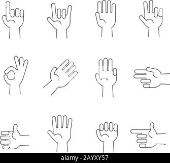 Hands line vector icons set. Human hands gesture and illustration pointer and direction hand Stock Vector