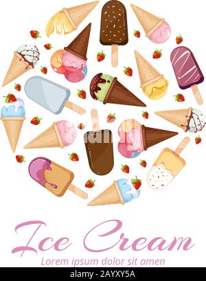 Ice cream vector icons logos set in circle design. Set of ice cream in round. Ice cream in cone waffle with strawberry illustration Stock Vector