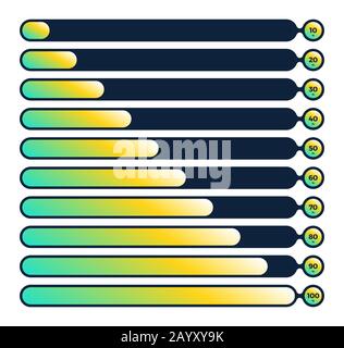 Fluid Progress loading bar, 100, 90, 80, 70, 60, 50, 40, 30, 20, 10 percent Liquid loading icon. Vector illustration Stock Vector
