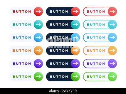 Colorful vector button set on white background. Three style Flat line gradient slide button collection with text and arrow. Vector web element. Round Stock Vector