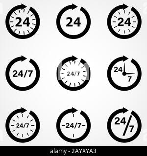 Clock icon collection. Organization work schedule 24 7. Set of pictograms for design, vector illustration Stock Vector