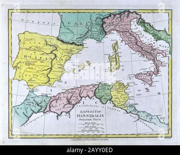 1808 Wilkinson Map Hannibal Route Europe Alps Hispania Gallia Italy North Africa Stock Photo