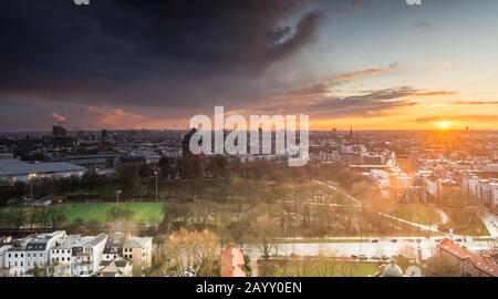 Upcoming thunderstorm during sunset in Hamburg, Germany. Stock Photo