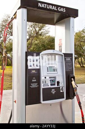 Natural Gas Pump, Vehicle Fuel Station, Texas. Stock Photo