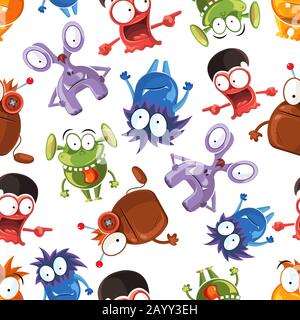Seamless monster pattern. Design background halloween with monster character and comic happy monster. Stock vector illustration Stock Vector