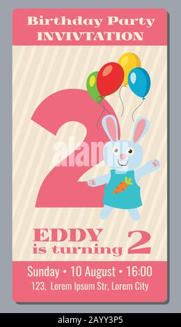 Birthday anniversary party invitation card with cute rabbit vector template 2 years old. Invitation to event birthday, illustration card with invitation to second birthday Stock Vector