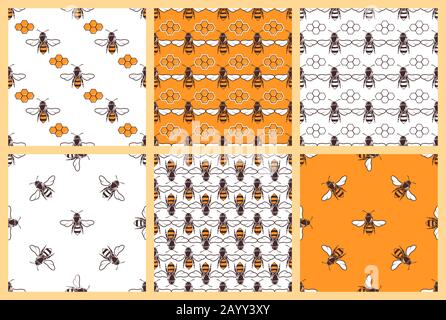 Honey and bees vector seamless patterns. Set of background with bee illustration Stock Vector