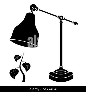 Black stencil of table lamp warms and illuminates a plant, isolated on white background, ecological concept, vector icon logo Stock Vector