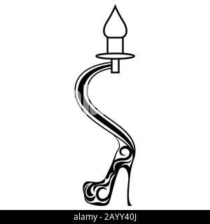 Black outline of decorative candlestick in women's high heeled shoe isolated on white background, vector icon logo Stock Vector