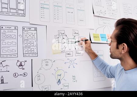 Young Caucasian man working on IT project making some notes on sheets of paper fixed on blackboard Stock Photo