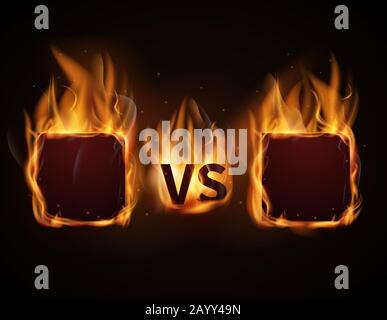 Versus screen with fire frames and vs letters. Flaming VS screen for duel and confrontation. Vector illustration Stock Vector