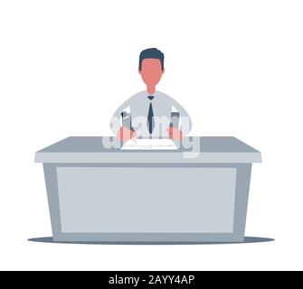 Man sits at a table and works. Young businessman working at office. Stock Vector