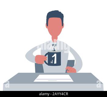 Man sits at a table and works. Young businessman working at office. Stock Vector