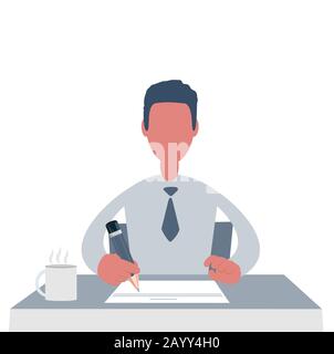 Man sits at a table and works. Young businessman working at office. Stock Vector
