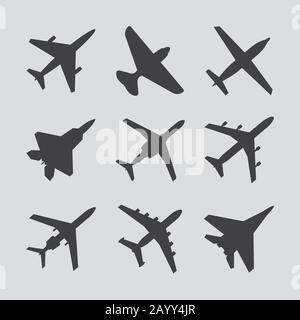 Airplane, aircraft vector icons. Set of airplane silhouette and fighter airplane illustration Stock Vector