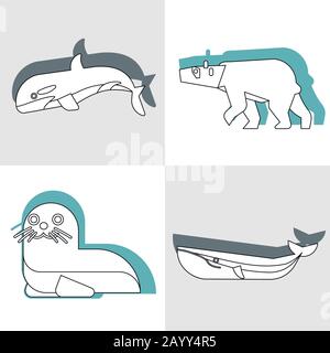 Polar animals in line style with color shadow. Animals whale and seal. Vector illustration Stock Vector