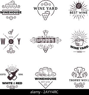 Hipster wine making grape and wine labels, logos, emblems set. Vector illustration Stock Vector