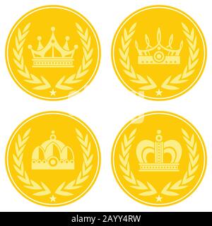 Yellow coin icons with crown on white background. Golden coin icon, vector illustration Stock Vector