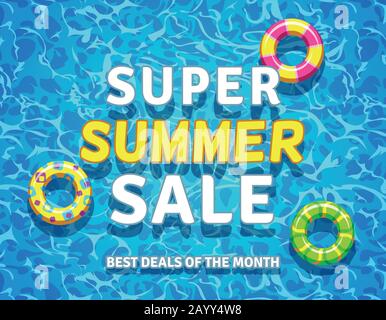 Vector summer sale background with swimming pool rings on blue water texture vector illustration Stock Vector