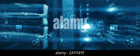 Manufacturing wireless computing future technology server room. Industry technology concept. Mixed Media virtual screen Stock Photo