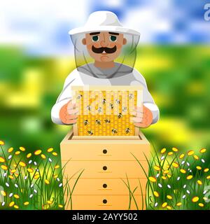 Beekeeper on apiary. A man in a white beekeeper suit works near a beehive. Sunny summer day on a flowering meadow. Stock Vector