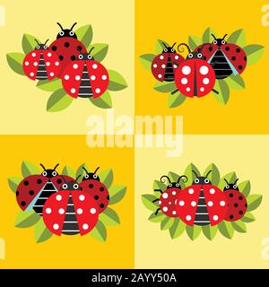 Ladybugs on green leaves on yellow background. Insect with red wings. Vector illustration Stock Vector