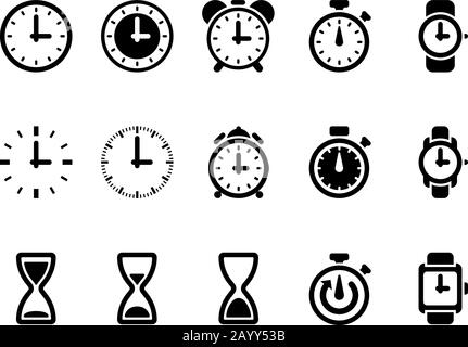 Clock, time vector icons. Hour and time clock symbol and timer with arrow, round clock illustration Stock Vector