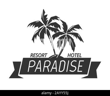 Paradise island resort hotel logo. Tropical illustration and vector summer island Stock Vector