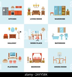 Living room, bedroom, kitchen, kids, bathroom, dining, work space, hallway flat vector icons. Interior design room types. Furniture for wardrobe or dining room. House room set icon illustration Stock Vector