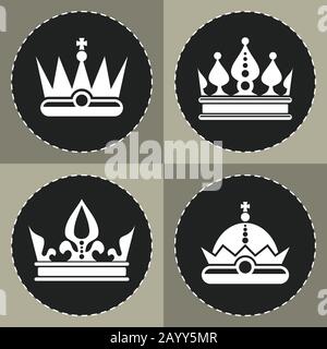 White crown icons on black background for chess. Queen crown and king accessory. Vector illustration Stock Vector