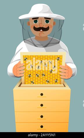 Beekeeper in a white suit. Portrait of a man in a beekeeper suit with a honeycomb frame in his hands. Vector. Stock Vector